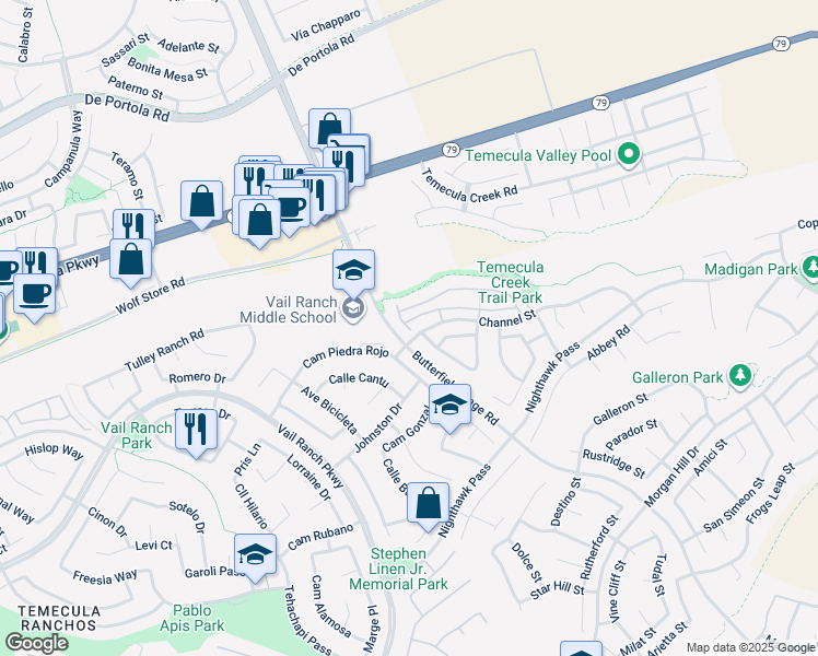 map of restaurants, bars, coffee shops, grocery stores, and more near 33417 Emerson Way in Temecula