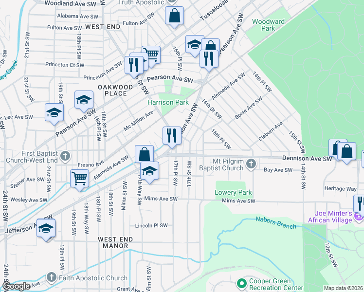 map of restaurants, bars, coffee shops, grocery stores, and more near 1209 17th Place Southwest in Birmingham