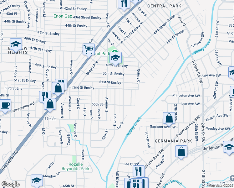 map of restaurants, bars, coffee shops, grocery stores, and more near 5219 Court Q in Birmingham