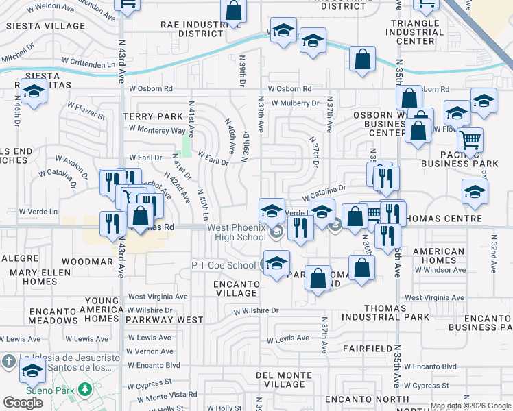 map of restaurants, bars, coffee shops, grocery stores, and more near 2936 North 39th Avenue in Phoenix