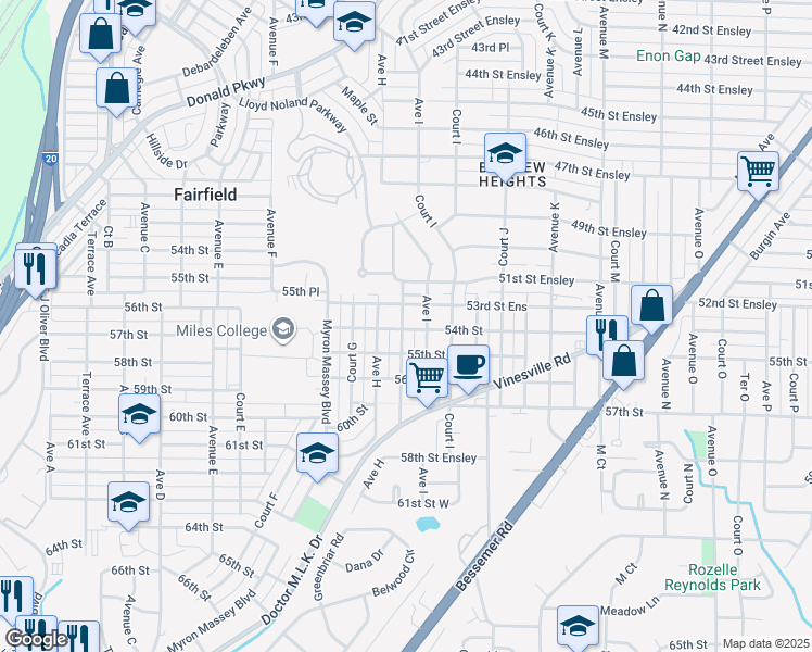 map of restaurants, bars, coffee shops, grocery stores, and more near 5321 Court H in Birmingham