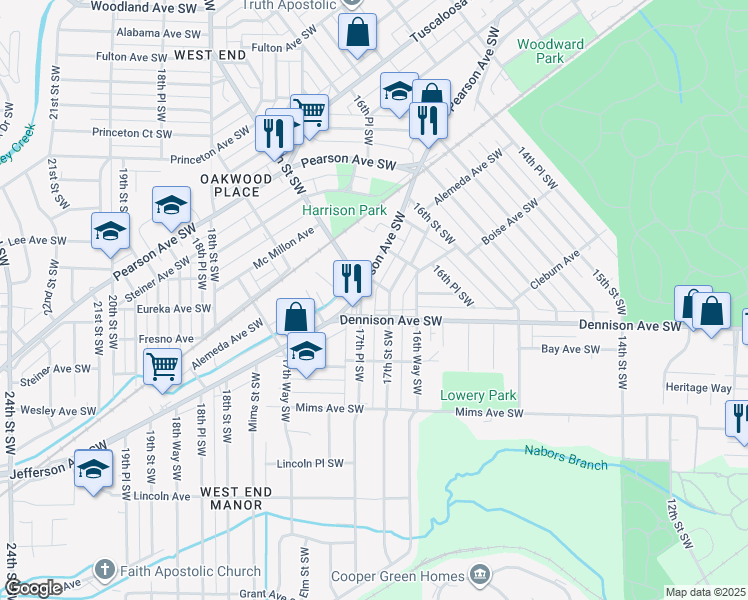 map of restaurants, bars, coffee shops, grocery stores, and more near 1209 17th Place Southwest in Birmingham