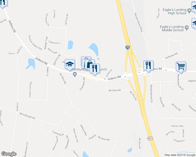 map of restaurants, bars, coffee shops, grocery stores, and more near 2130 Jodeco Rd in Stockbridge