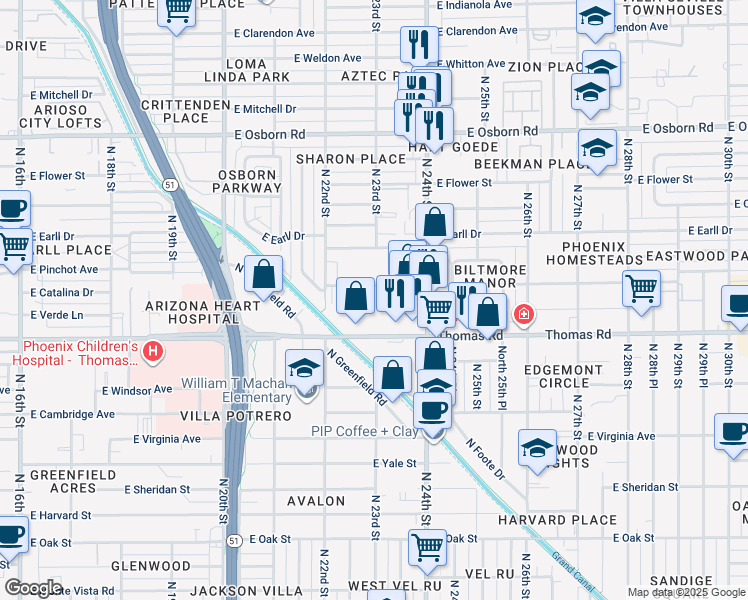 map of restaurants, bars, coffee shops, grocery stores, and more near 2241 East Pinchot Avenue in Phoenix