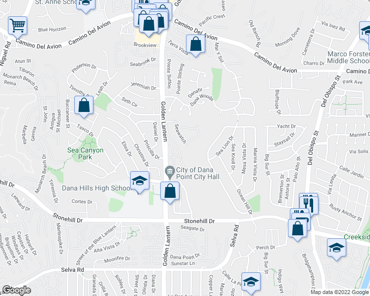 map of restaurants, bars, coffee shops, grocery stores, and more near 33131 Seawatch in Dana Point