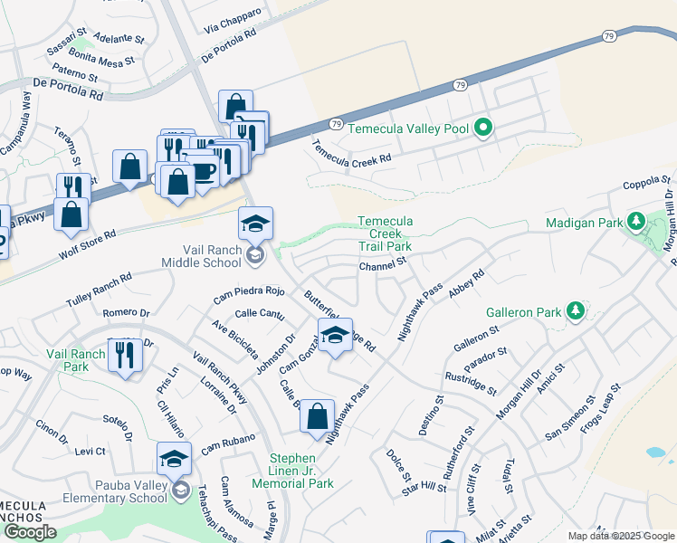 map of restaurants, bars, coffee shops, grocery stores, and more near 33422 Scarborough Lane in Temecula