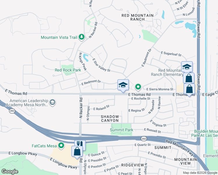 map of restaurants, bars, coffee shops, grocery stores, and more near 3627 North Sapphire in Mesa