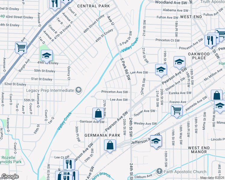 map of restaurants, bars, coffee shops, grocery stores, and more near 2528 Princeton Avenue Southwest in Birmingham