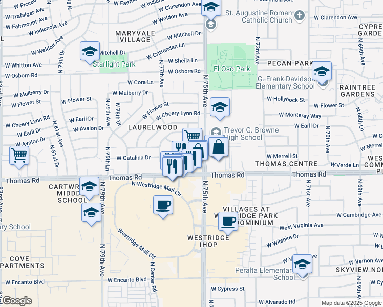 map of restaurants, bars, coffee shops, grocery stores, and more near 7620 West Thomas Road in Phoenix