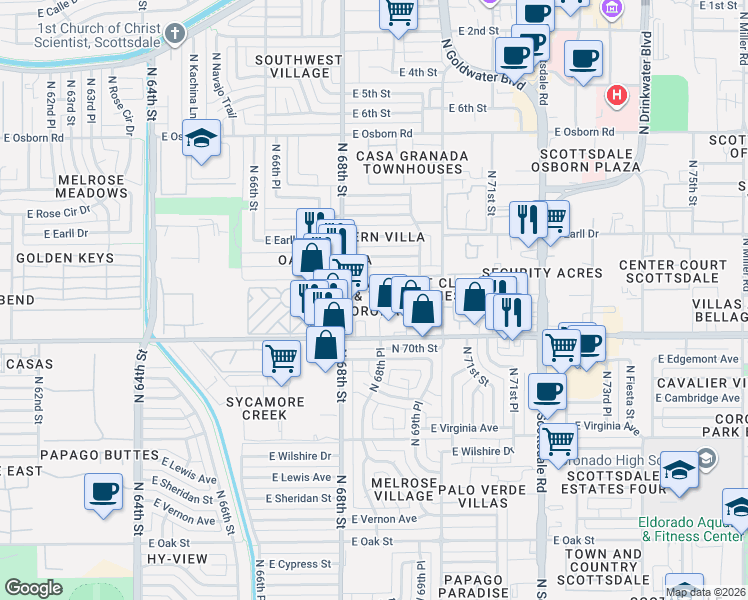 map of restaurants, bars, coffee shops, grocery stores, and more near 2959 North 68th Place in Scottsdale