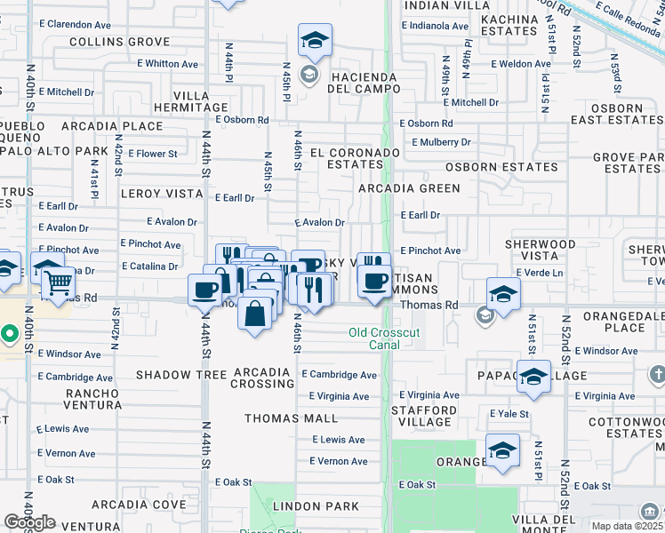 map of restaurants, bars, coffee shops, grocery stores, and more near 4637 East Catalina Drive in Phoenix