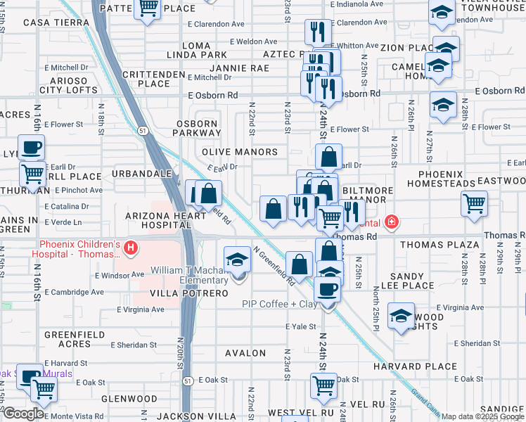 map of restaurants, bars, coffee shops, grocery stores, and more near 2933 North 22nd Place in Phoenix
