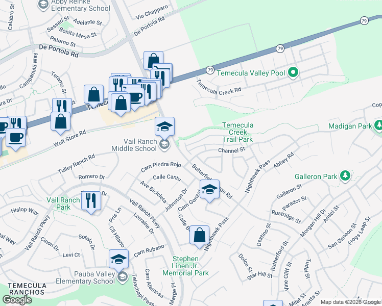 map of restaurants, bars, coffee shops, grocery stores, and more near 33417 Emerson Way in Temecula