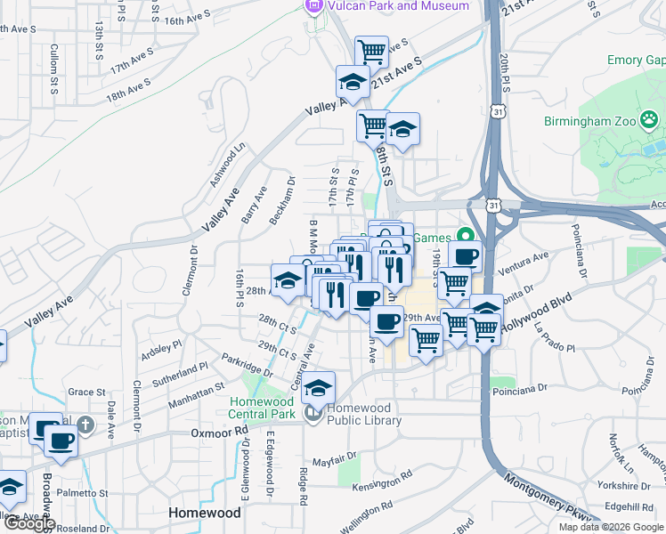 map of restaurants, bars, coffee shops, grocery stores, and more near 2712 17th Street South in Birmingham