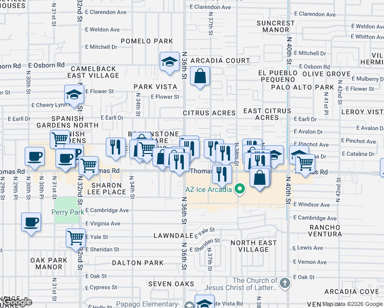 map of restaurants, bars, coffee shops, grocery stores, and more near 2929 North 36th Street in Phoenix