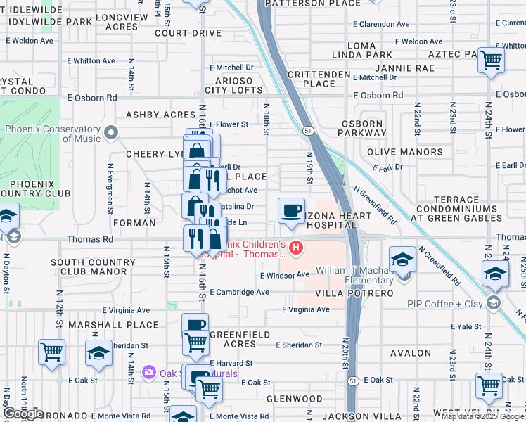map of restaurants, bars, coffee shops, grocery stores, and more near 1737 East Catalina Drive in Phoenix