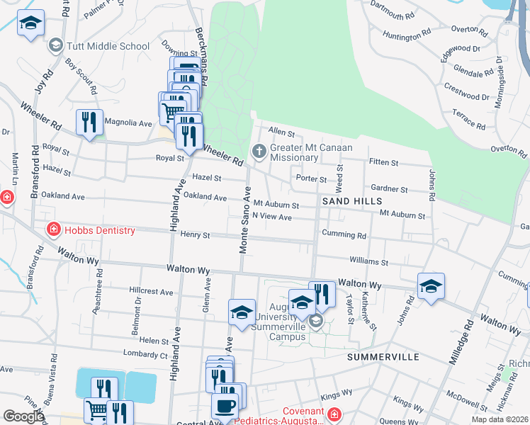 map of restaurants, bars, coffee shops, grocery stores, and more near 2567 North View Avenue in Augusta