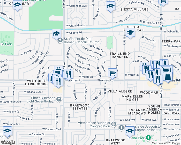 map of restaurants, bars, coffee shops, grocery stores, and more near 4811 West Catalina Drive in Phoenix