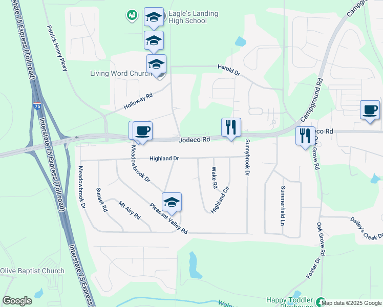 map of restaurants, bars, coffee shops, grocery stores, and more near 285 Highland Drive in McDonough
