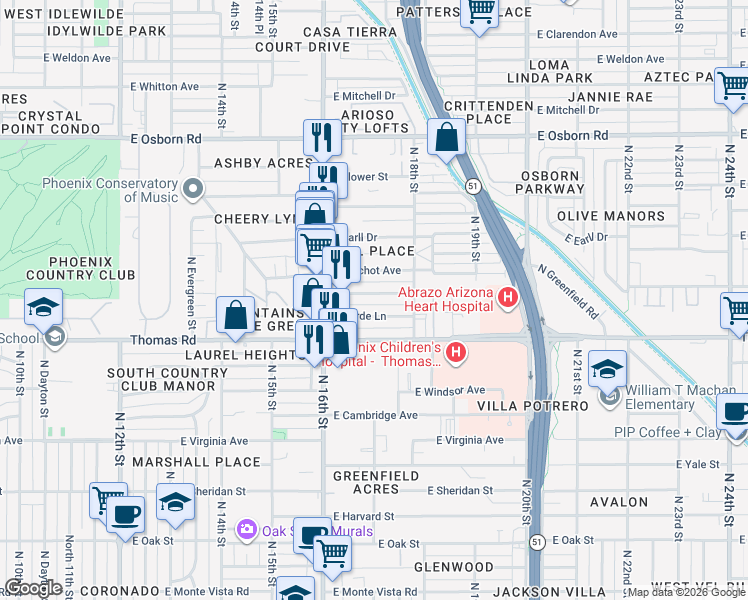 map of restaurants, bars, coffee shops, grocery stores, and more near 1701 East Catalina Drive in Phoenix