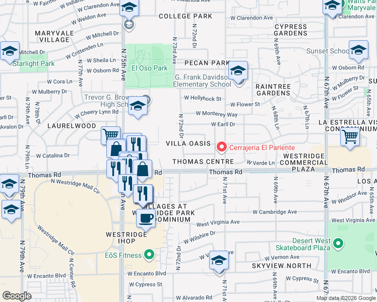 map of restaurants, bars, coffee shops, grocery stores, and more near 7220 West Merrell Street in Phoenix