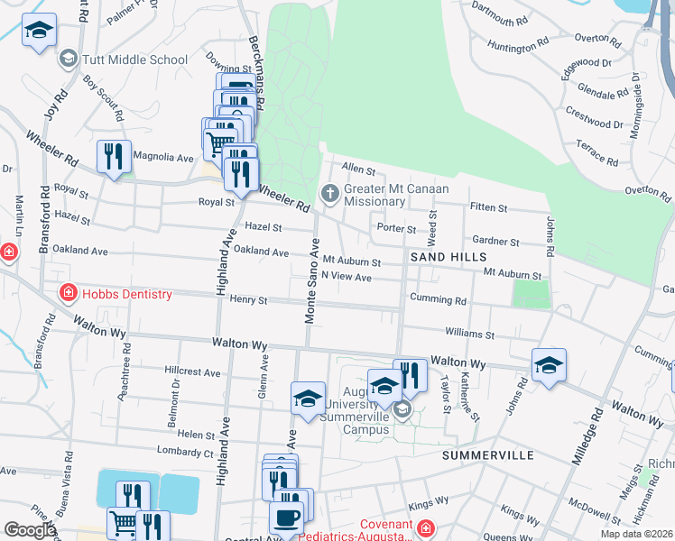 map of restaurants, bars, coffee shops, grocery stores, and more near 2572 North View Avenue in Augusta