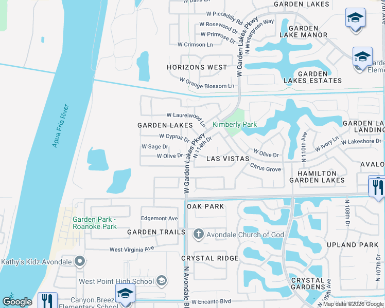 map of restaurants, bars, coffee shops, grocery stores, and more near 3106 North 114th Drive in Avondale