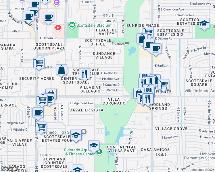 map of restaurants, bars, coffee shops, grocery stores, and more near 7720 East Verde Lane in Scottsdale