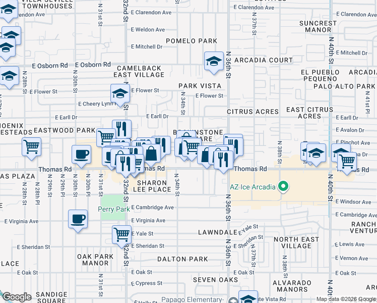 map of restaurants, bars, coffee shops, grocery stores, and more near 2932 North 34th Place in Phoenix