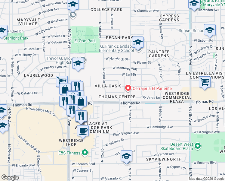 map of restaurants, bars, coffee shops, grocery stores, and more near 7220 West Merrell Street in Phoenix