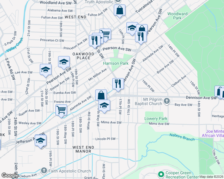 map of restaurants, bars, coffee shops, grocery stores, and more near 1720 Jefferson Avenue Southwest in Birmingham