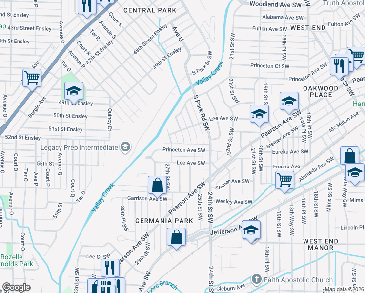 map of restaurants, bars, coffee shops, grocery stores, and more near 2528 Princeton Avenue Southwest in Birmingham