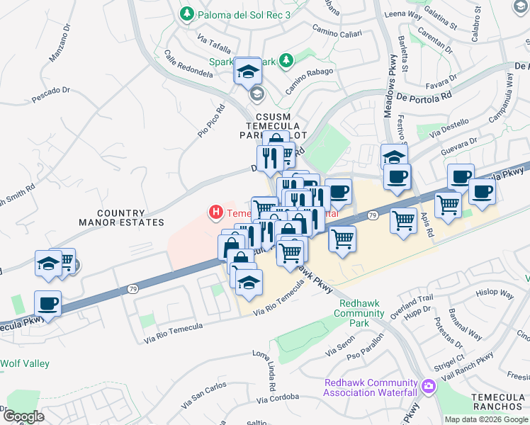 map of restaurants, bars, coffee shops, grocery stores, and more near 44155 Margarita Road in Temecula