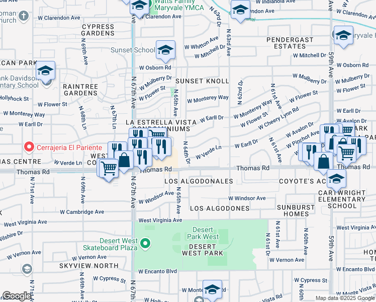 map of restaurants, bars, coffee shops, grocery stores, and more near 6438 West Verde Lane in Phoenix