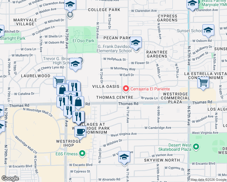 map of restaurants, bars, coffee shops, grocery stores, and more near 7136 West Merrell Street in Phoenix