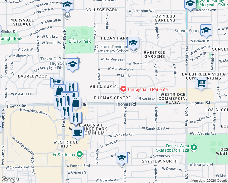 map of restaurants, bars, coffee shops, grocery stores, and more near 7136 West Merrell Street in Phoenix