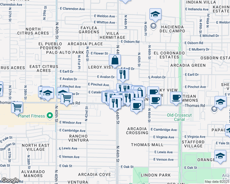 map of restaurants, bars, coffee shops, grocery stores, and more near 2932 North 44th Street in Phoenix