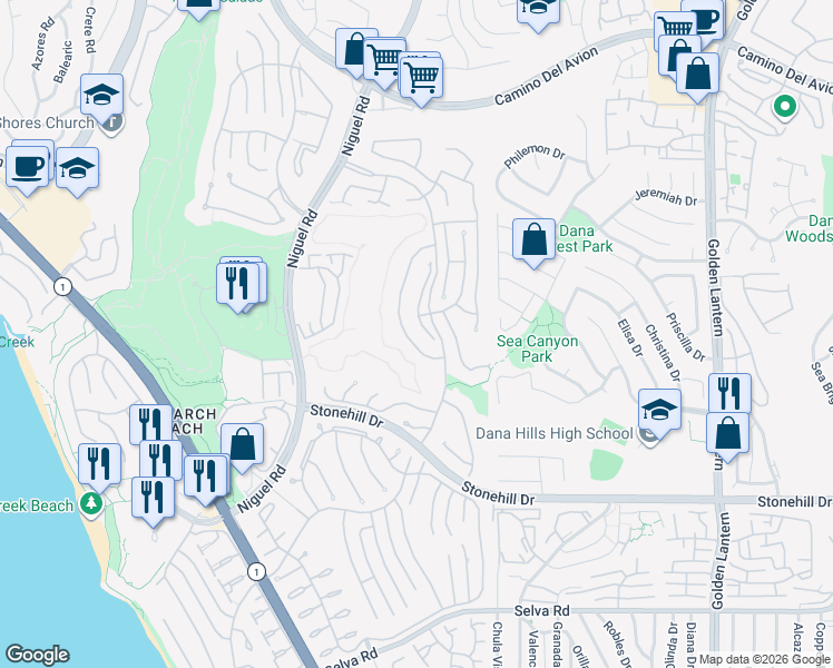 map of restaurants, bars, coffee shops, grocery stores, and more near 27 Gavina in Dana Point