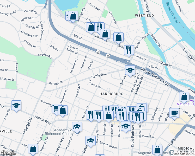 map of restaurants, bars, coffee shops, grocery stores, and more near 2008 Battle Row in Augusta