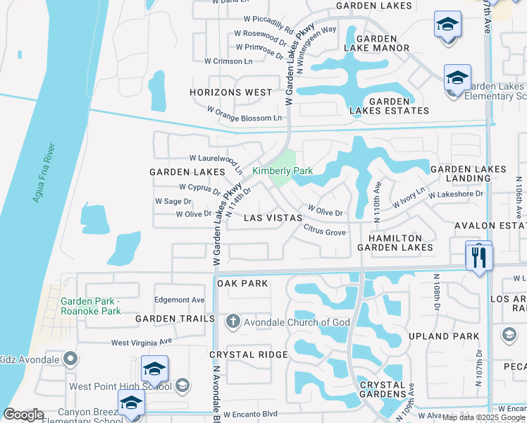 map of restaurants, bars, coffee shops, grocery stores, and more near 11317 West Olive Drive in Avondale