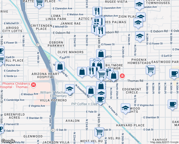map of restaurants, bars, coffee shops, grocery stores, and more near 2315 East Pinchot Avenue in Phoenix