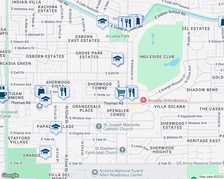 map of restaurants, bars, coffee shops, grocery stores, and more near 5501 East Pinchot Avenue in Phoenix