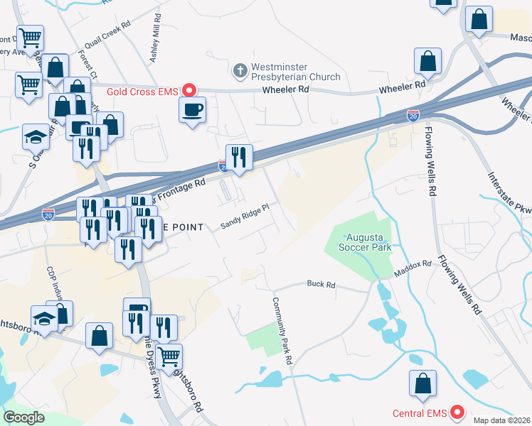 map of restaurants, bars, coffee shops, grocery stores, and more near 4372 Sandy Ridge Place in Augusta