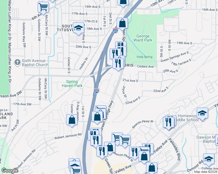 map of restaurants, bars, coffee shops, grocery stores, and more near 230 2nd Street South in Birmingham