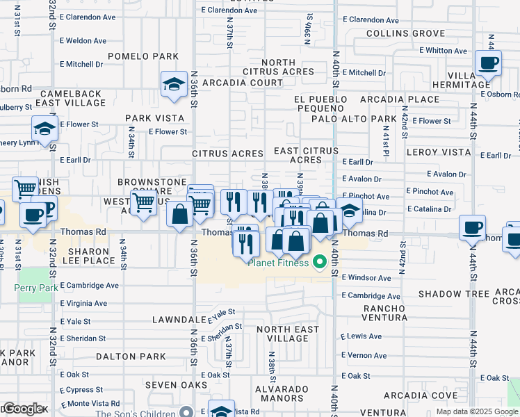 map of restaurants, bars, coffee shops, grocery stores, and more near 2930 North 38th Street in Phoenix