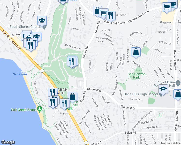 map of restaurants, bars, coffee shops, grocery stores, and more near 82 Tennis Villas Drive in Dana Point