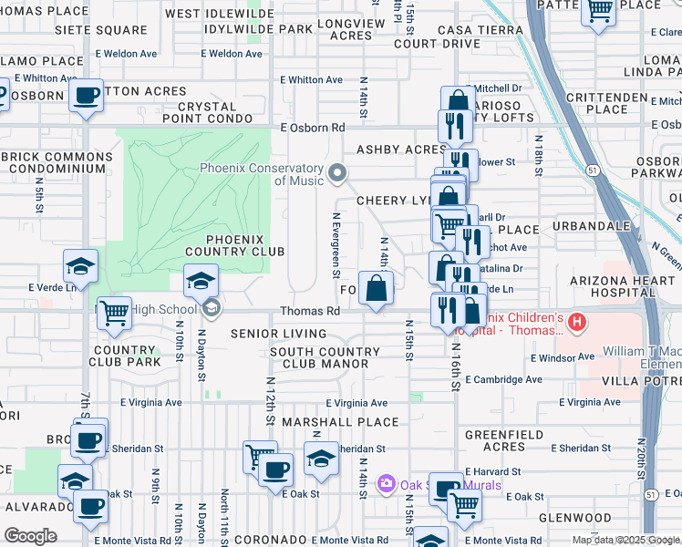 map of restaurants, bars, coffee shops, grocery stores, and more near 2939 North Evergreen Street in Phoenix