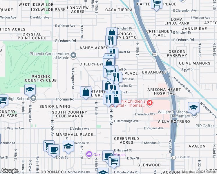 map of restaurants, bars, coffee shops, grocery stores, and more near 2942 North 16th Street in Phoenix