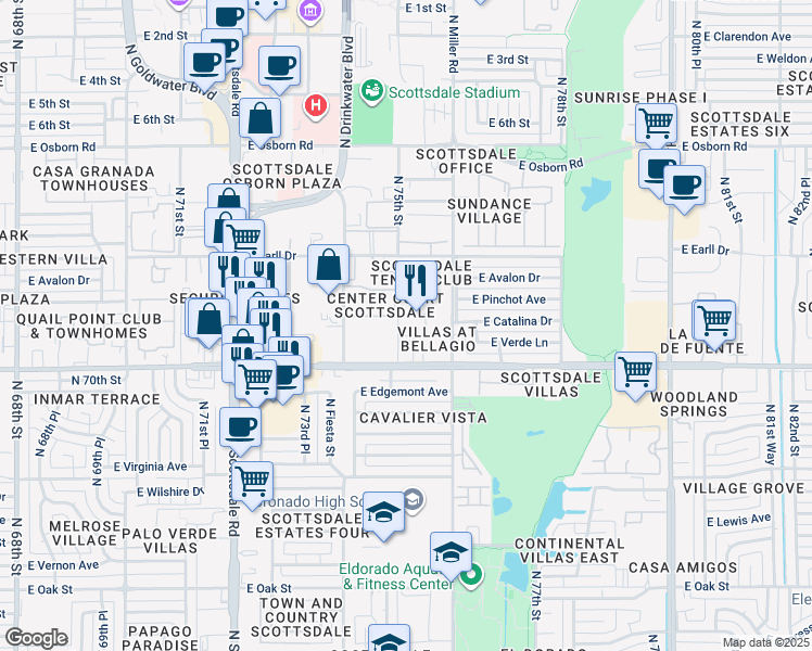 map of restaurants, bars, coffee shops, grocery stores, and more near 7510 North 75th Place in Scottsdale