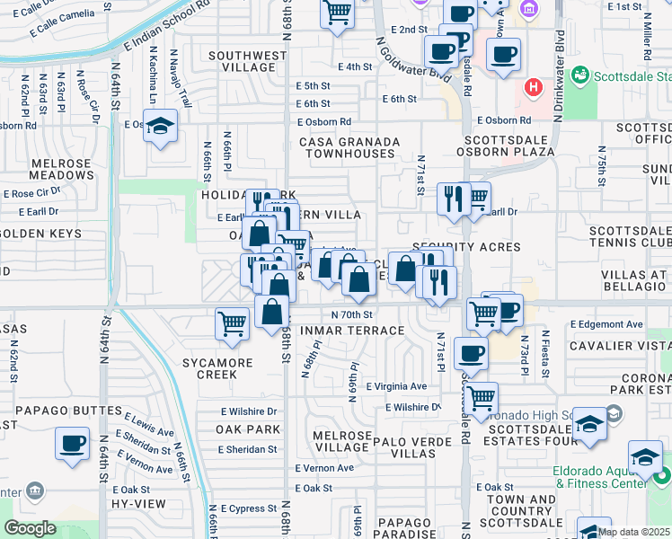 map of restaurants, bars, coffee shops, grocery stores, and more near 2959 North 68th Place in Scottsdale